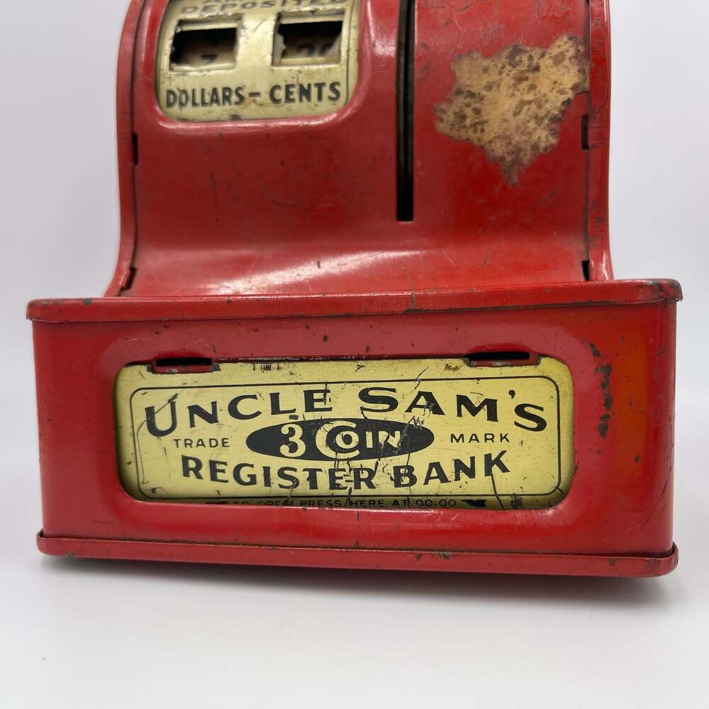 Vintage Uncle Sam's 3 Coin Register Bank Red Metal Toy Cash Register - Picture 4 of 5